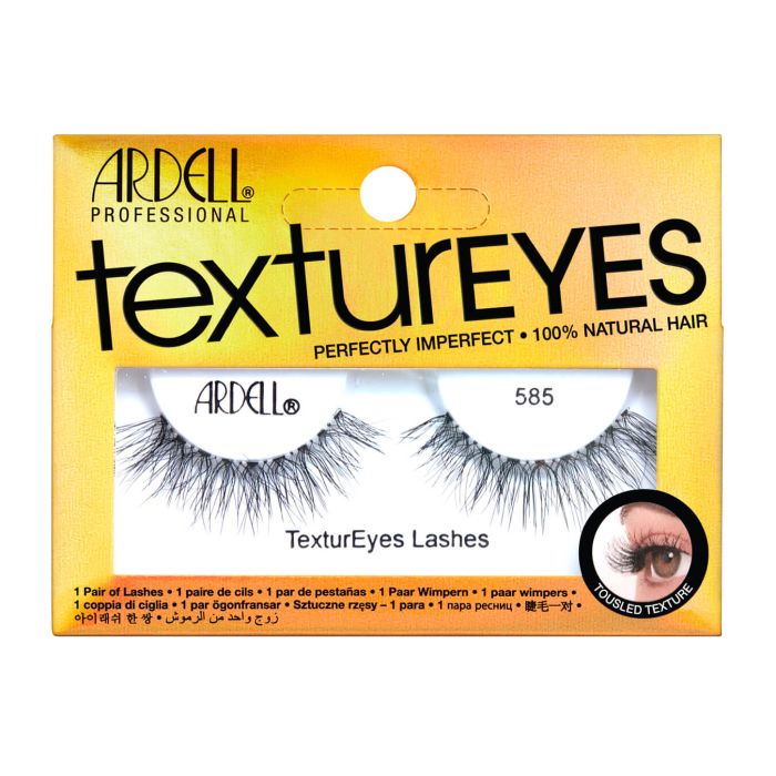 Front view of Ardell Textureyes 585 false lashes in retail wall hook ready packaging with printed label text