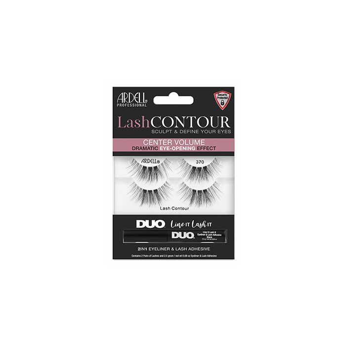 Front view of an Ardell Lash Contour 370 Eye-Opening false lashes set in retail wall hook packaging, with eyeliner/adhesive 