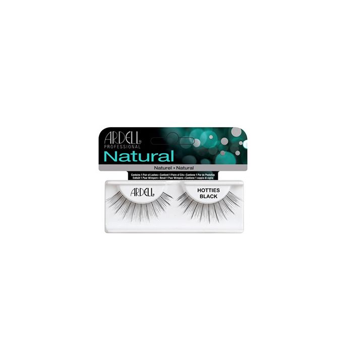 Front of Ardell Natural Hotties Lash - Black in a wall hook ready retail pack with product label of "Hotties Black"