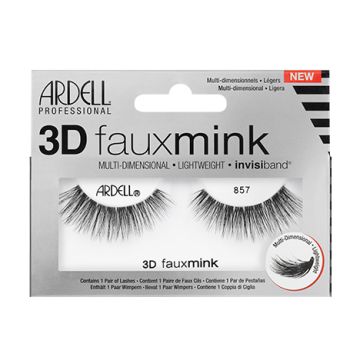 A pair of Ardell's 3D Faux Mink 857 eyelash in packaging that describes the false eyelashes 