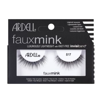 A single pair of Ardell 3D Faux mink 817 in its retail packaging with some features written on it