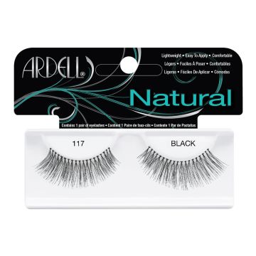 Front view of an Ardell Natural 117 faux lashes set in complete retail wall hook packaging