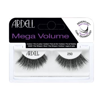 Front view of an Ardell Mega Volume 250 faux upper lashes set in complete retail wall hook packaging