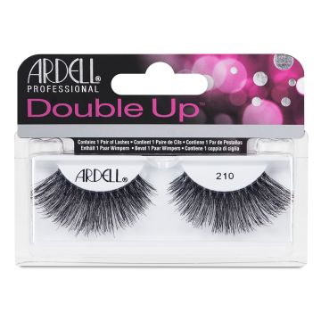 A single pair of Ardell Double Up 210 inside its retail packaging with some text written on it