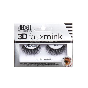 A pair of Ardell 3D Faux Mink 864 was placed into its retail packaging with features written on it