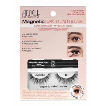 Front view of Ardell's Magnetic Naked Liner & Lash 421 wall-hook ready retail pack with printed product details and information 