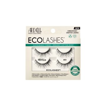 Front view of two pairs of Ardell Eco Lashes 451 in retail wall hook retail packaging with printed label text