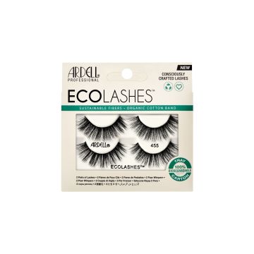 Front facing of Ardell's Eco Lashes 455 2 pack retail packaging with printed product information 